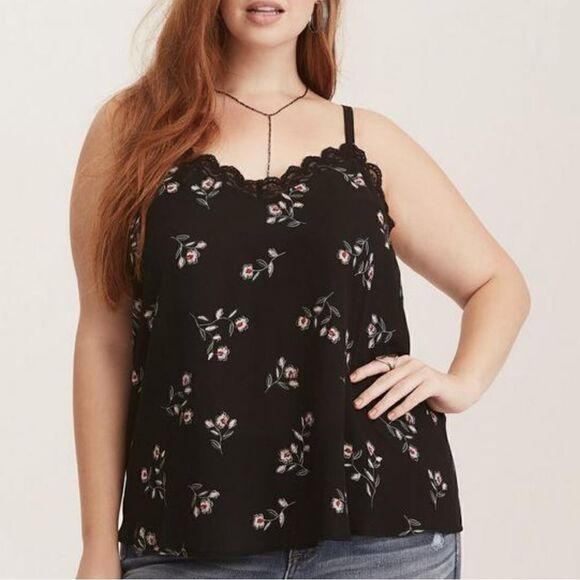 Torrid Black Floral Print Georgette Flowy Lace Trim Cami Tank Top - Picture 2 of 16